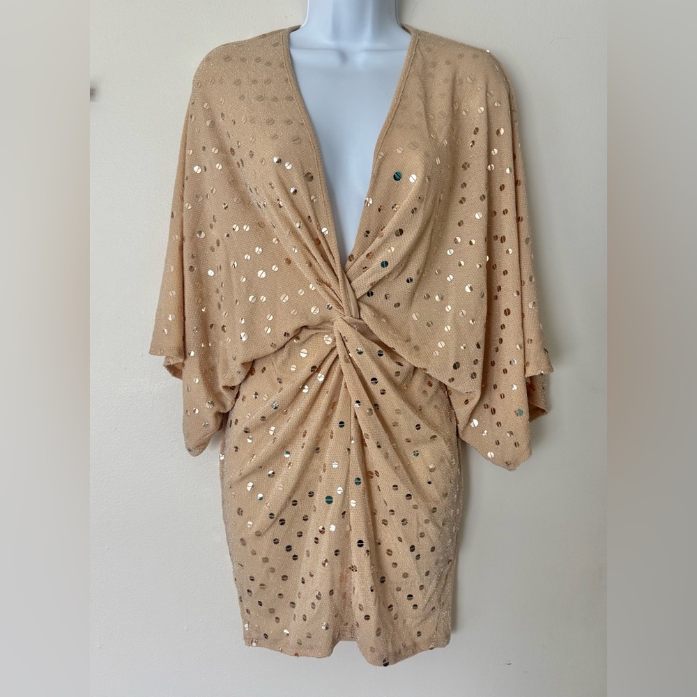 Flounce Glitter Twist Front Mini Dress In Gold Sequin